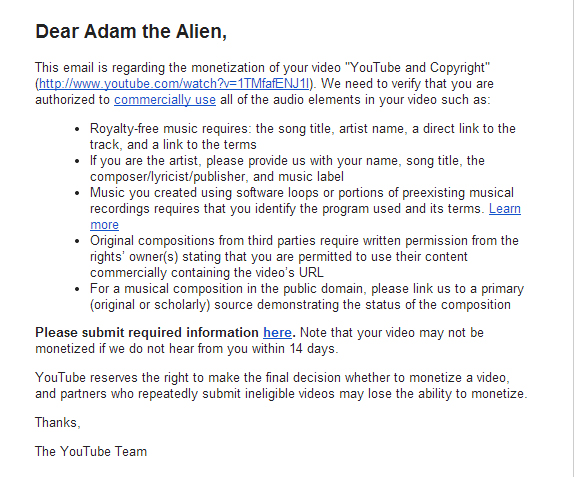 2014-01-06 copyright concern on YouTube and Copyright